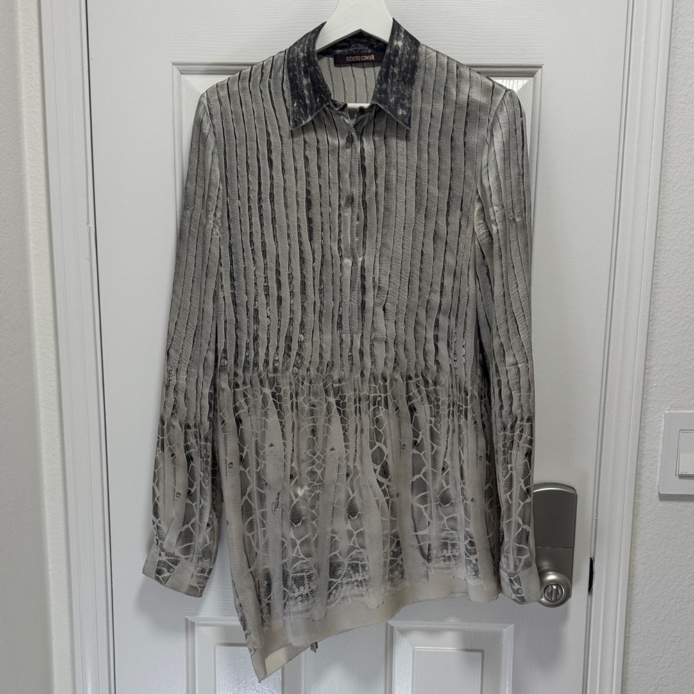 Roberto Cavalli Elegant Gray Striped Silk Blouse
